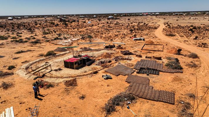 An aerial photograph of the ongoing construction of a borehole in the Duqaqo town of Galkayo in the Galmudug region