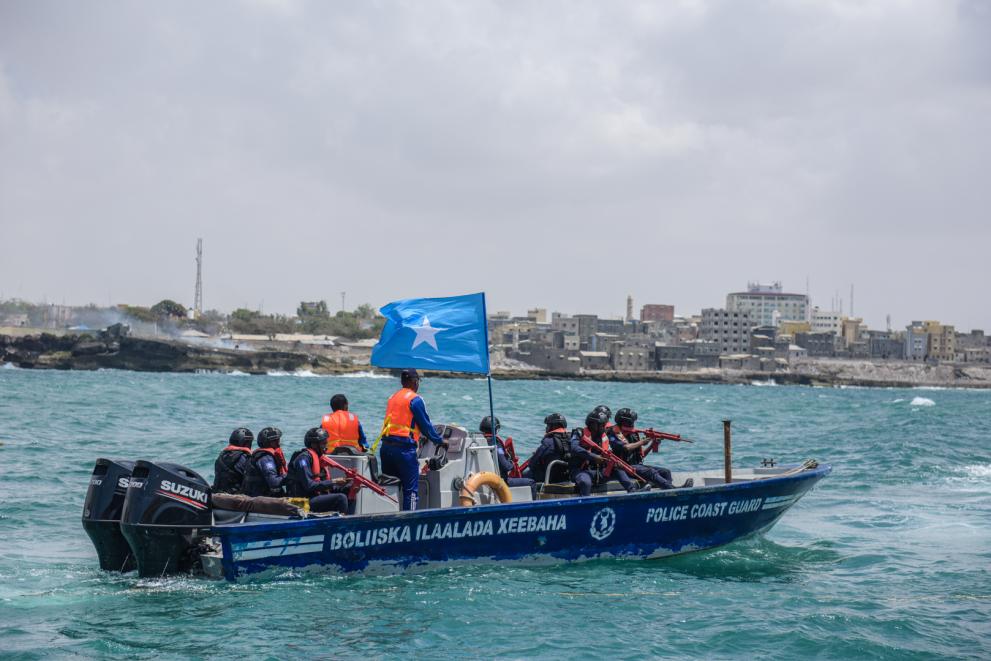 Department of Coast Guard of Somali Police Force boat in the sea