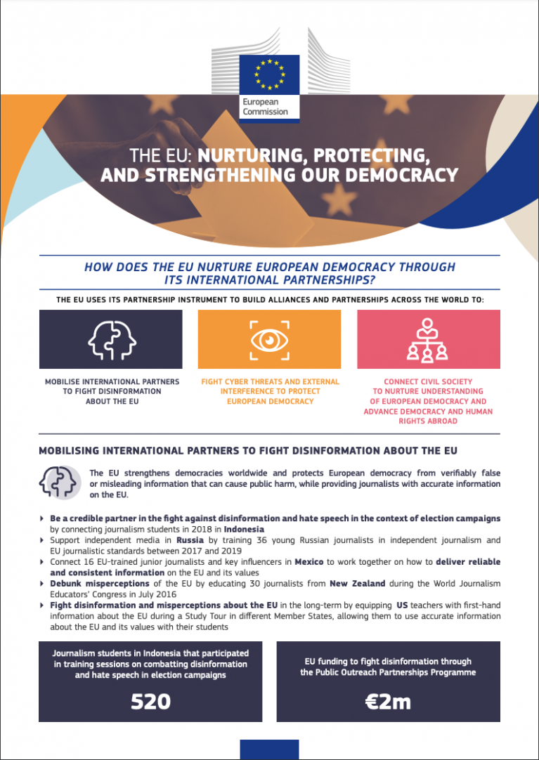 Cover page of the factsheet The EU: Nurturing, protecting and strengthening our democracy