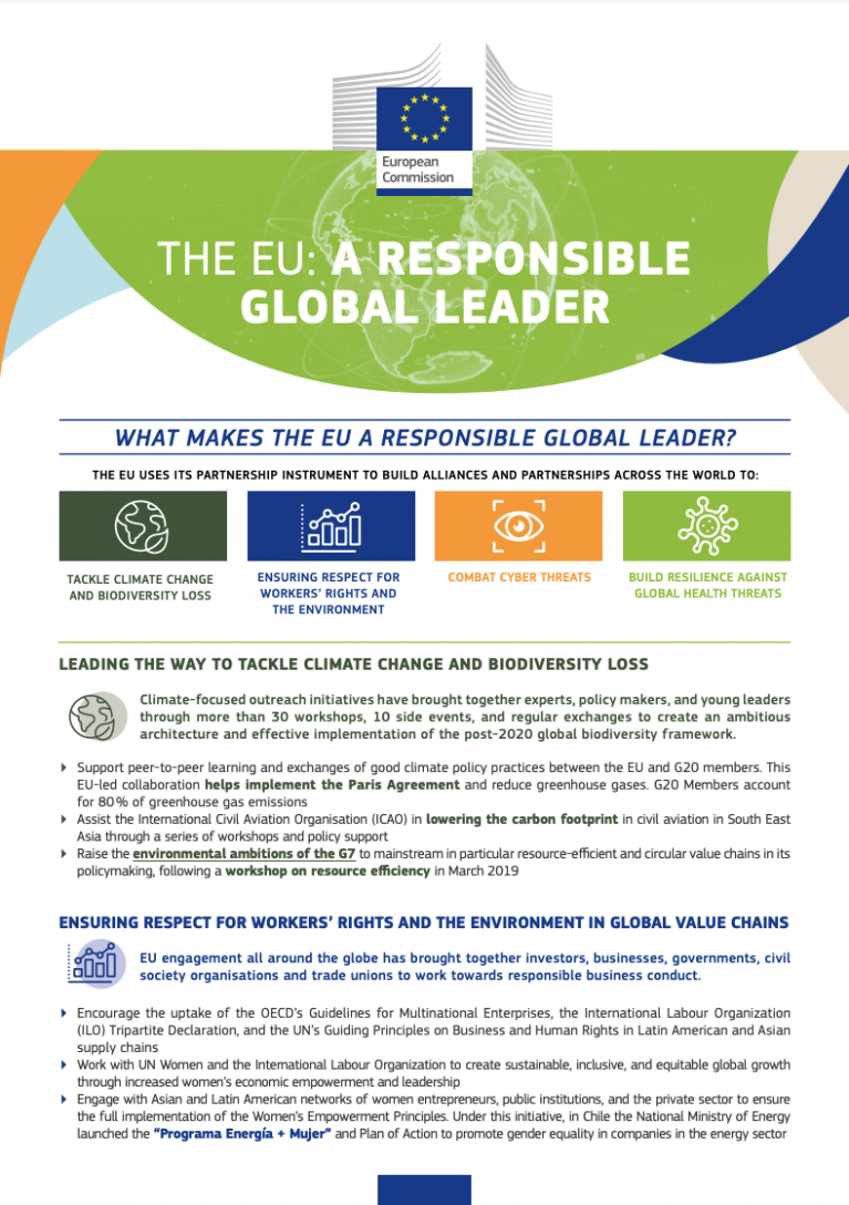 Cover page of the factsheet The EU: a responsible global leader
